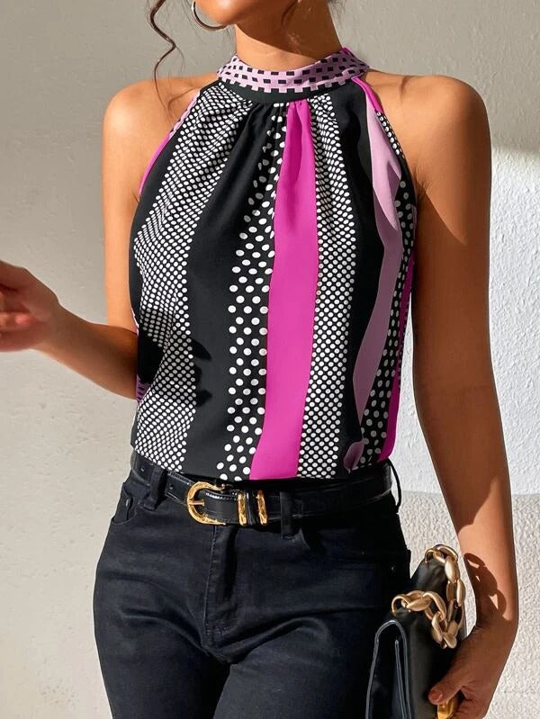 Women's Polka Dot Striped Halter Neck Sleeveless Top