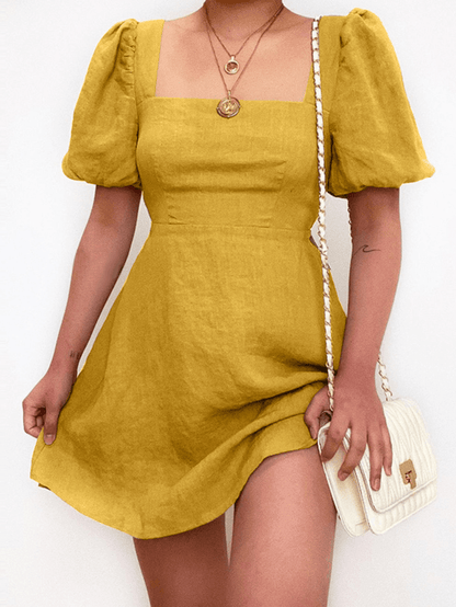 Casual Plain Square Neck Puff Sleeve A-Line Mini Dress - MRSLM