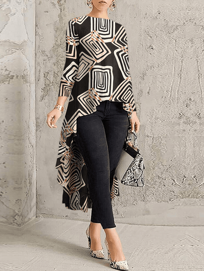 Geometric Printed Irregular Hem O-Neck Casual Long Sleeve Blouse for Women - MRSLM