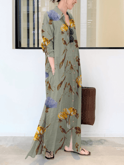 Zara® | Kwiatowy nadruk na kołnierzu z długim rękawem i guzikami z rozcięciem na dole Maxi Shirt Dress z kieszenią