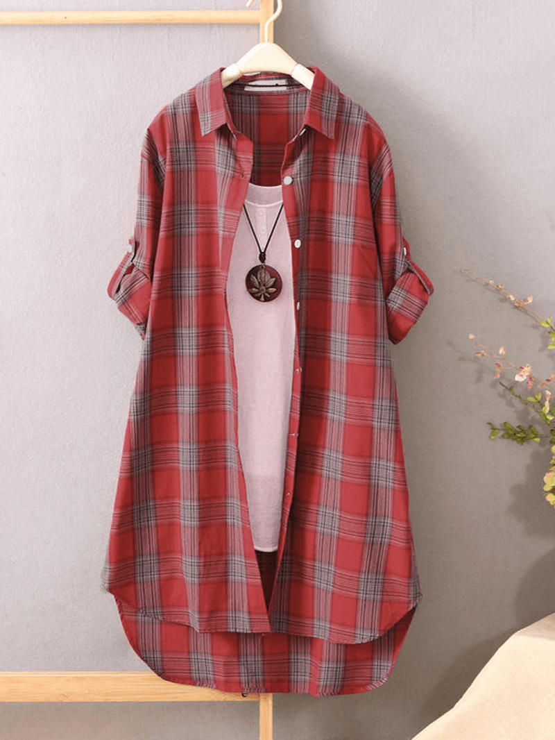 Women Plaid Lapel Collar Long Sleeve Casual Long Shirts - MRSLM