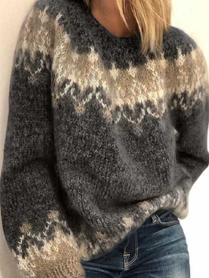 Women Vintage Pattern round Neck Knit Long Sleeve Pullover Sweaters dylinoshop