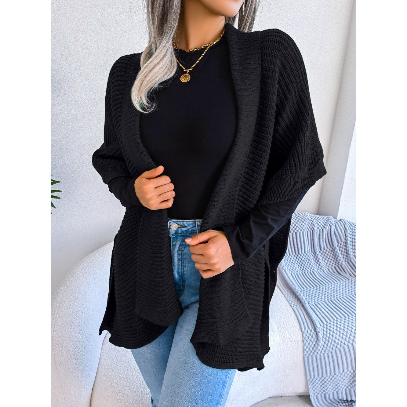 Horizontal Ribbing Open Front Slit Cardigan - TiffanyzKlozet