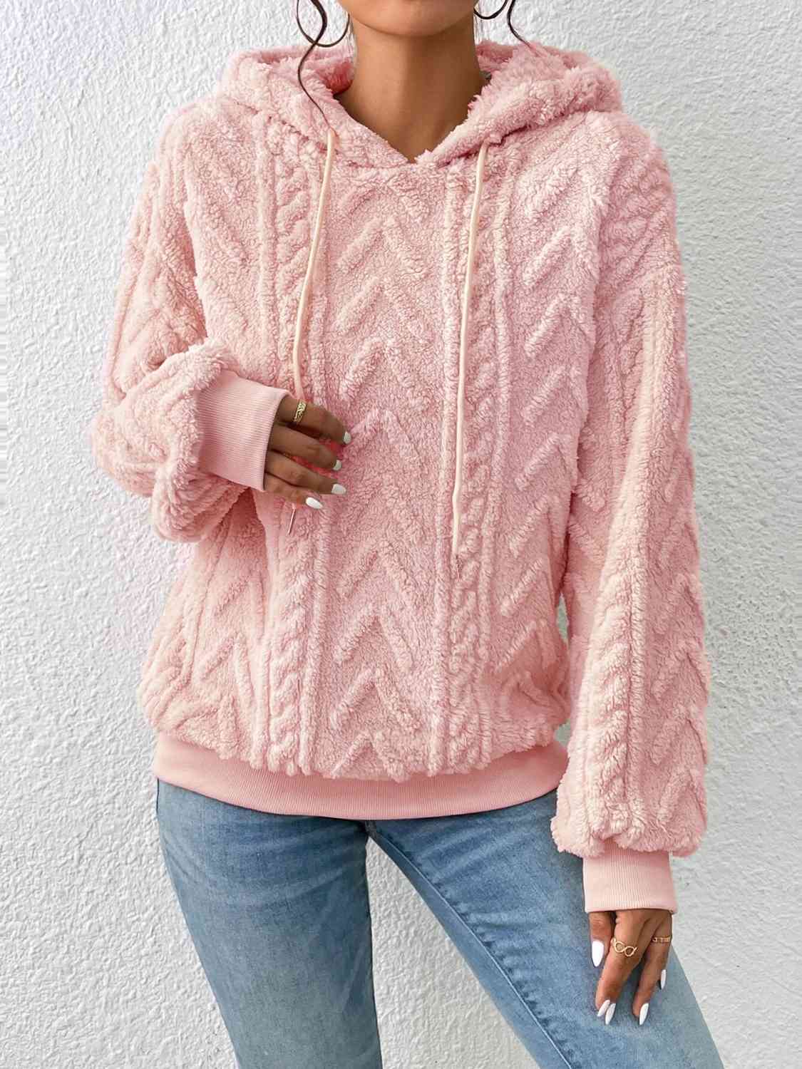 Drawstring Long Sleeve Cable Knit Fleece Hoodie - Sydney So Sweet