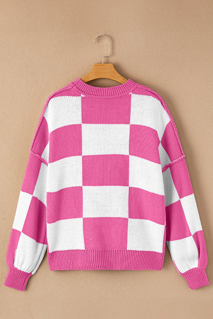 Checkered Bishop Sleeve Sweater - Sweaters & Cardigans - Sunny Angela