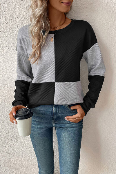 Textured Color Block Round Neck Sweatshirt (4 Colors) Shirts & Tops Krazy Heart Designs Boutique Black S 