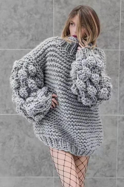 Turtleneck Handmade Knit Long Lartern Sleeves Chunky Pullover Oversized Sweater