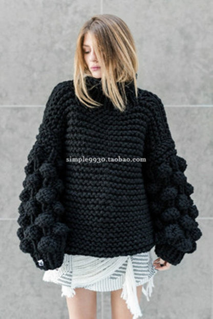 Turtleneck Handmade Knit Long Lartern Sleeves Chunky Pullover Oversized Sweater