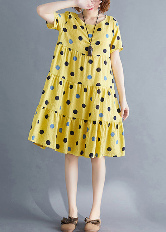 Yana® | Art Yellow Dot Print Patchwork Holiday Mid Dress z krótkim rękawem