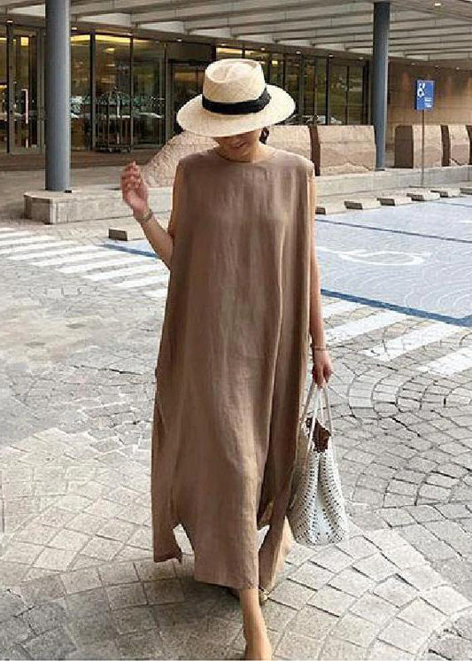 Zela® | Bohemian O Neck Side Open Lniana Bawełniana Tkanina Sukienka Khaki