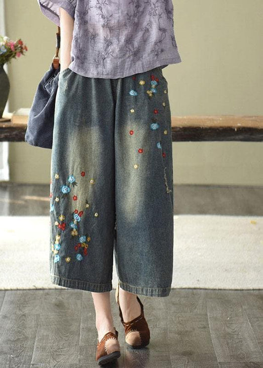 Comfy Dark color Embroideried Hole Wide Leg denim Pants GK-LPTS210715