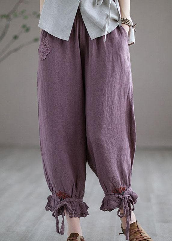 Diy Purple Casual Embroideried Summer Harem Linen Pants GK-LPTS210810