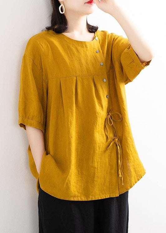 Elegant Yellow Button O-Neck Cotton Linen Summer Top - Omychic