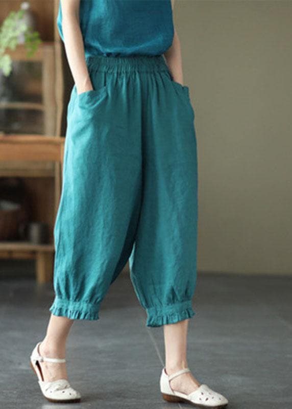 Fitted Green Elastic Waist Pockets Harem Pants Linen GK-LPTS210810