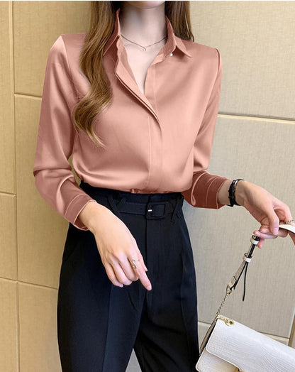 Long Sleeve Satin Solid Color Shirt Blouse - BEYOND