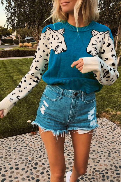 Knitted Cheetah Head Print Splice Loose Jumper Pullover