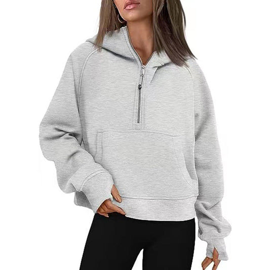 Color-Autumn Winter Women Scuba Sports Half Zipper Yoga Clothes Loose Short Hood Fleece Lined Sweater Sweater-Fancey Boutique