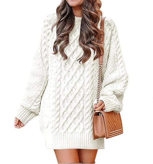 Color-Burgundy-Round Neck Long Sleeve Twisted Knitted Thick Needle Pullover Mid Length Sweater Women Dress-Fancey Boutique