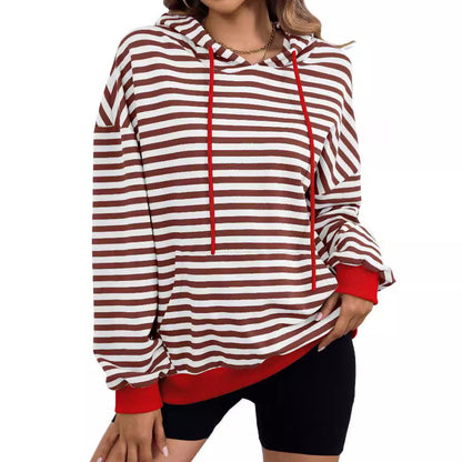 Women's Long Sleeve Striped Hoodie with Kangaroo Pocket