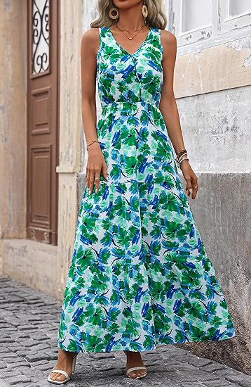 Women's V-Neck Sleeveless Maxi Dress in 10 Patterns