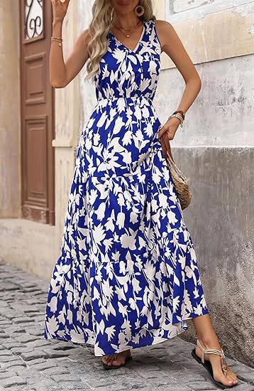 Women's V-Neck Sleeveless Maxi Dress in 10 Patterns