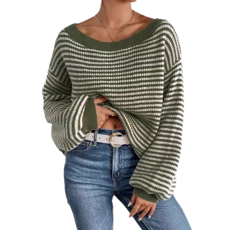 Women's Boat Neck Long Sleeve Striped Sweater