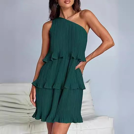 Women's Layered One Shoulder Sleeveless Ruffled Mini Dress