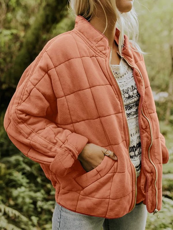 Quilted Jackets- Solid Cotton Blend High Neck Zip-Up Quilted Jacket- - Pekosa Women Clothing