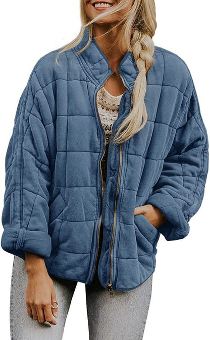 Quilted Jackets- Solid Cotton Blend High Neck Zip-Up Quilted Jacket- - Pekosa Women Clothing