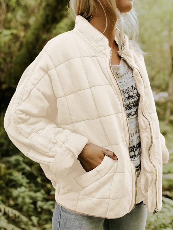 Quilted Jackets- Solid Cotton Blend High Neck Zip-Up Quilted Jacket- - Pekosa Women Clothing