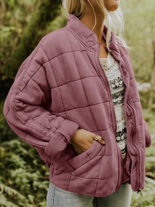 Quilted Jackets- Solid Cotton Blend High Neck Zip-Up Quilted Jacket- - Pekosa Women Clothing