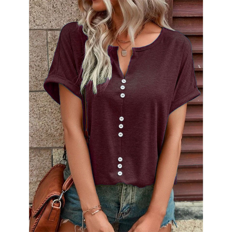 V-neck Short Sleeve Tops Shirt Summer Button Design Blouse