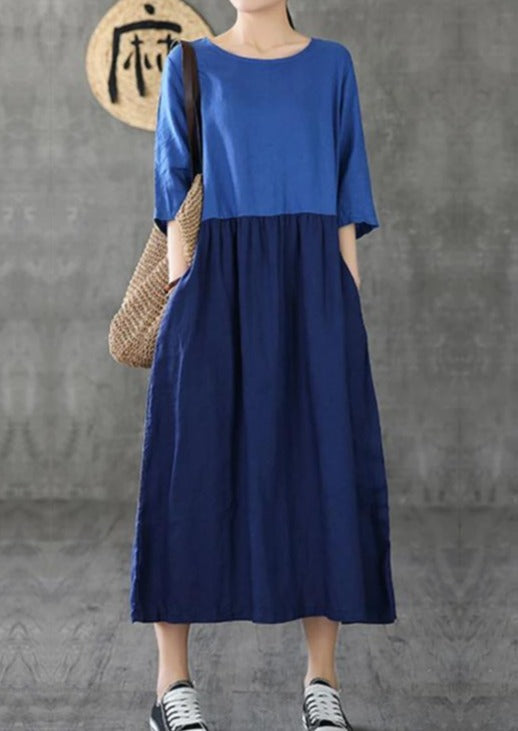 Women Patchwork Half Sleeve Linen Dresses Fashion Ideas Blue Dress Summer ( Limited Stock) - Omychic