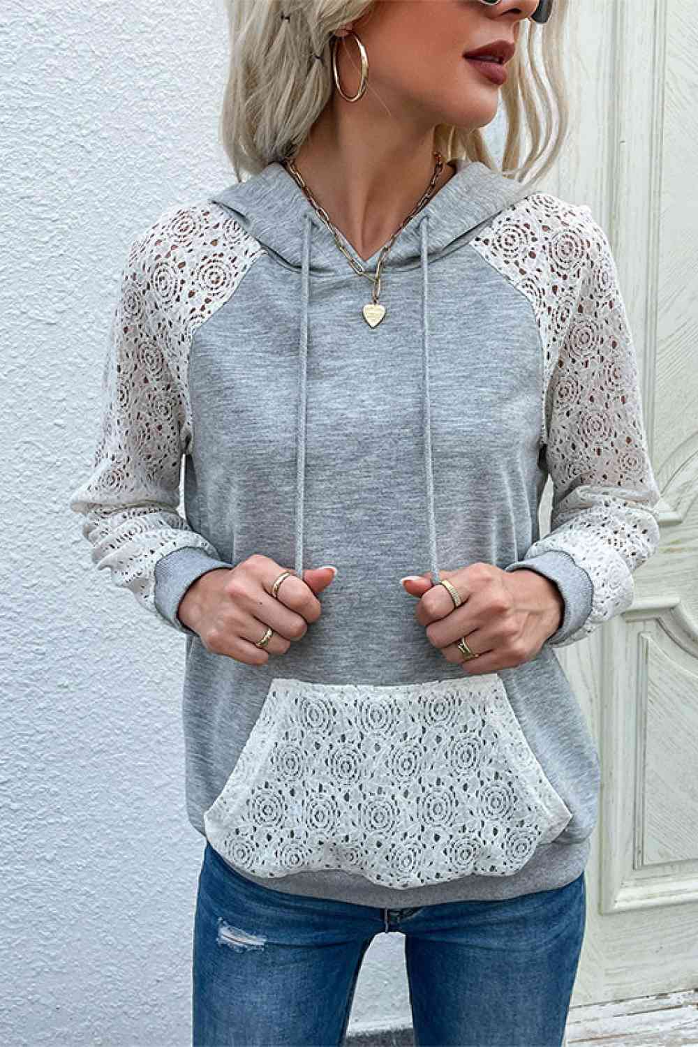 Lace Raglan Sleeve Drawstring Hoodie Shirts & Tops Krazy Heart Designs Boutique   