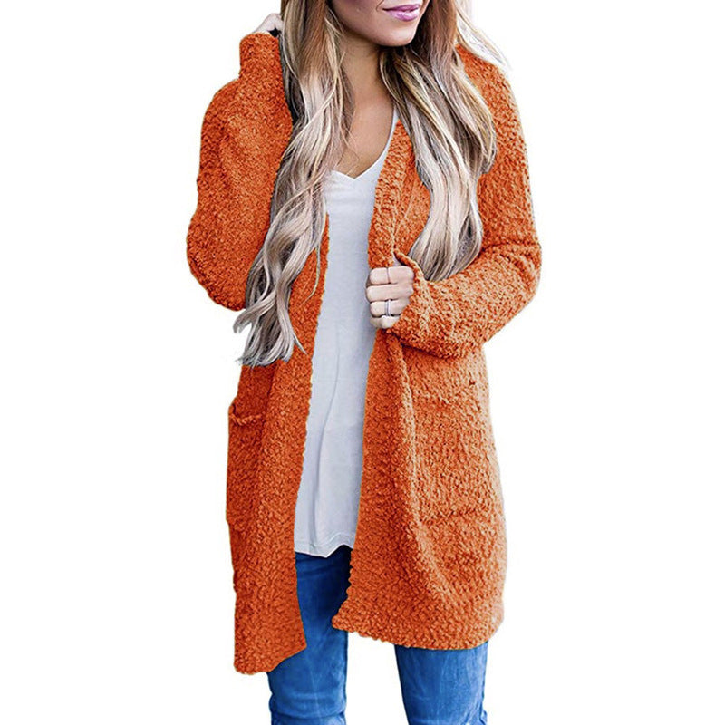 Women’s Solid Color Fleece Mid-Length Cardigan