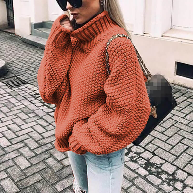 Turtleneck Balloon Sleeve Crocheted Chunky Sweater