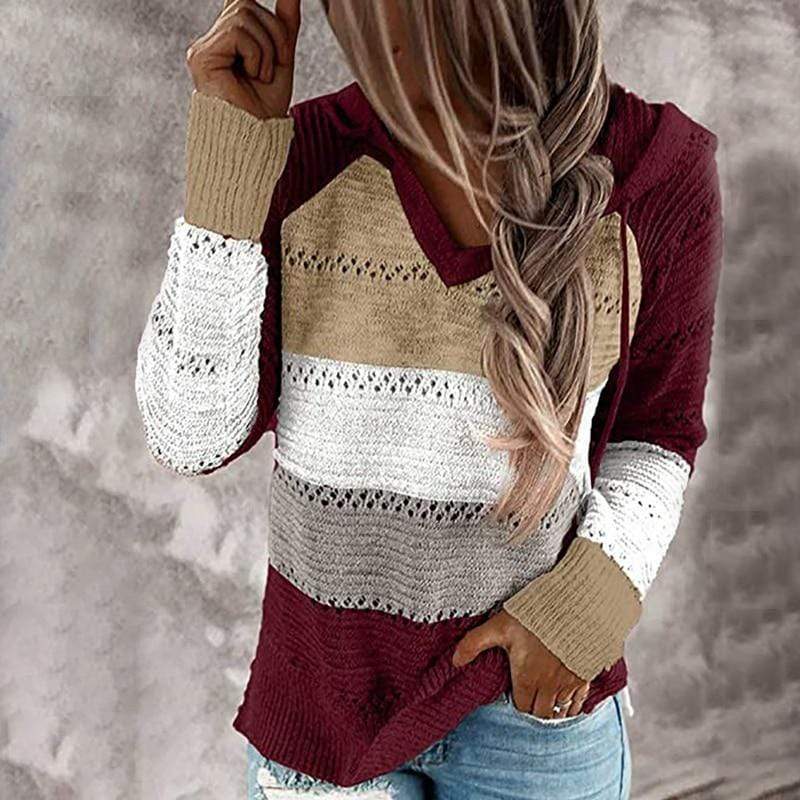 Boho Beach Hut Sweater, Pullover Sweater Boho Patchwork Pullover Sweater S / Wine Red