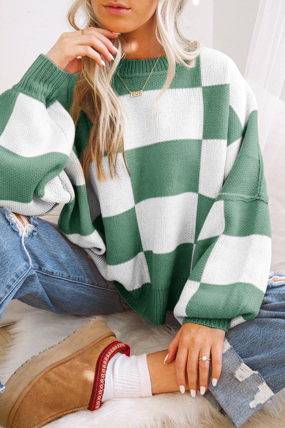 Checkered Bishop Sleeve Sweater - Sweaters & Cardigans - Sunny Angela