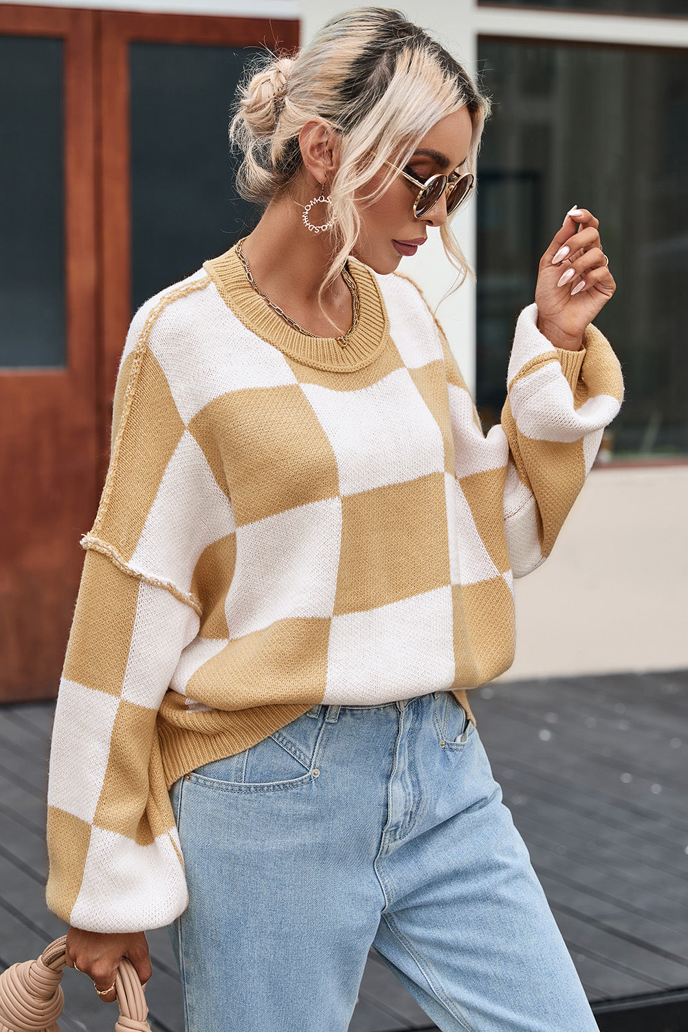 Checkered Bishop Sleeve Sweater - Sweaters & Cardigans - Sunny Angela