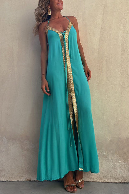 Esther® | Del Mar Sequin Trim Lace-up Halter Elastic Back Maxi Dress