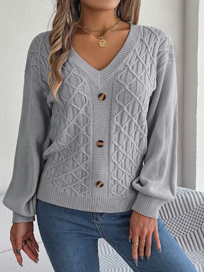 Cable-Knit V-Neck Lantern Sleeve Sweater - Body By J'ne