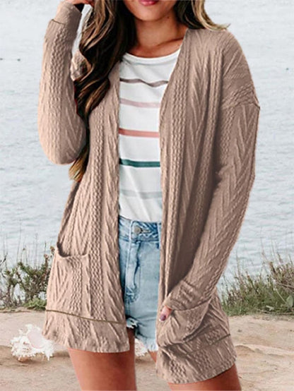 Women's Cardigan Sweater Jumper Cable Knit Pocket Solid Color Open Front Stylish Casual Daily Going out Summer Spring Black Wine S M L - LuckyFash™