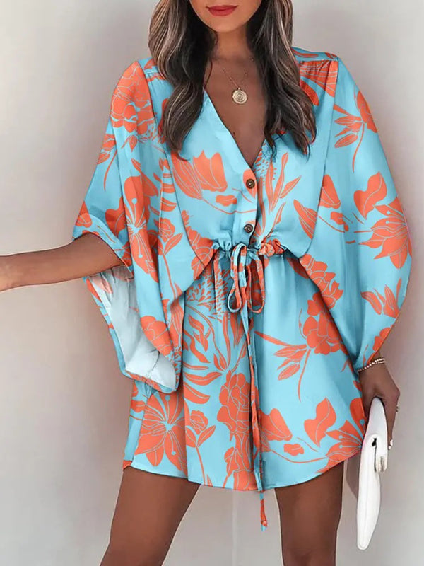 Women's Dolman Sleeve V-neck Tropical Beach Cover-Up in 8 Patterns S-1XL - Wazzi's Wear