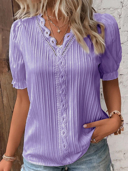 Women’s Solid V-Neck Short Sleeve Top with Lace Detail in 6 Colors Sizes 2-18 - Wazzi's Wear