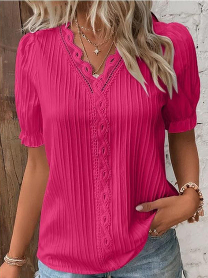 Women’s Solid V-Neck Short Sleeve Top with Lace Detail in 6 Colors Sizes 2-18 - Wazzi's Wear