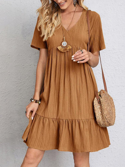 V-Neck Short Sleeve Loose Fit Midi Sundress in 7 Colors