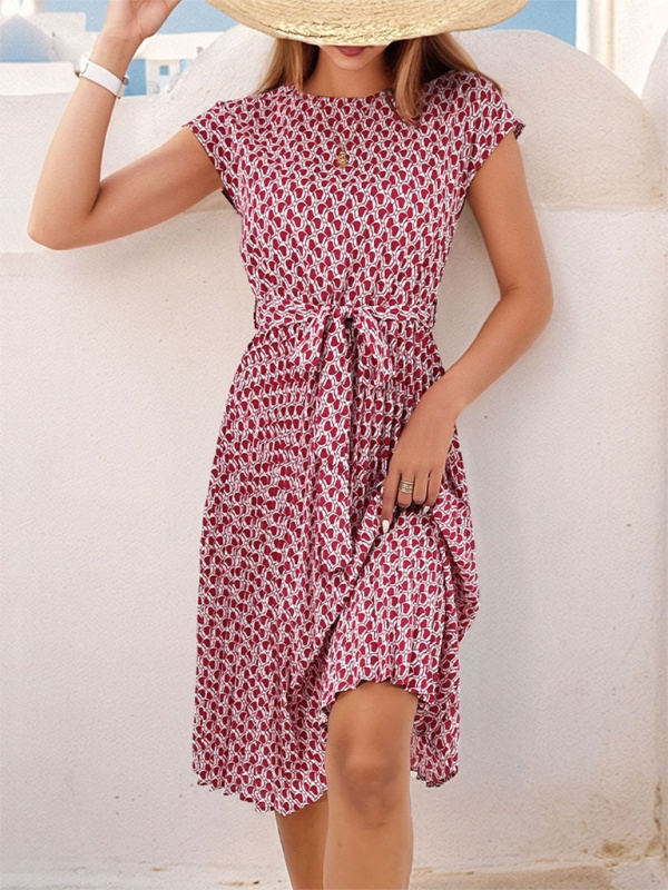 Women's Short Sleeve Patterned Midi Dress with Waist Tie