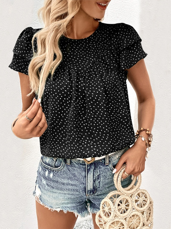 Women's Polka Dot Pleated Ruffled Short Sleeve Top