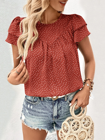 Women's Polka Dot Pleated Ruffled Short Sleeve Top