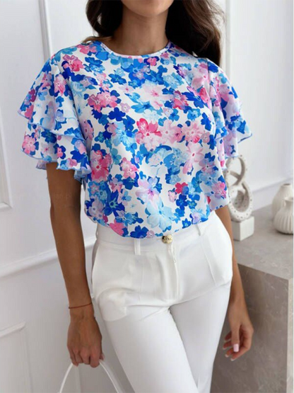 Women’s Floral Ruffled Short Sleeve Blouse